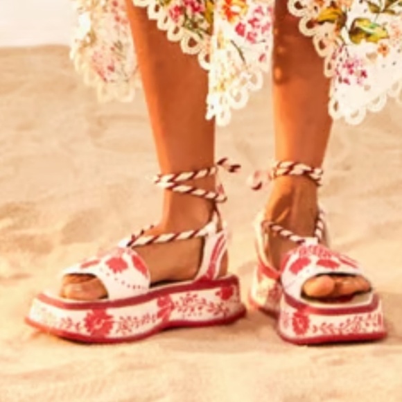 FARM RIO Red Embroidery Cross Stitch Flatform Ankle Lace Up Sandals NEW $285 - Picture 3 of 16